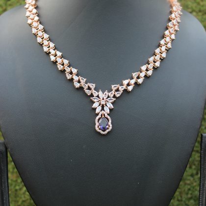 Purple Colour Party Wear Necklace/ Solitaire Necklace/ Zircon Stone Necklace Set