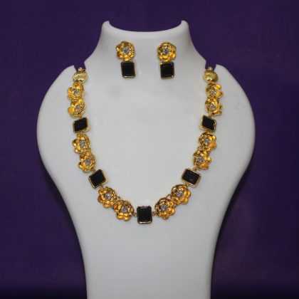 White Diamond And Black Stone Combination Necklace Set/ Wedding Party Wear